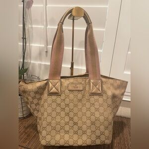 Gucci Beige & Gold Monogram Tote with Pink Striped Web Handles